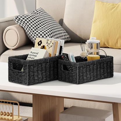 Vagusicc Wicker Storage Basket, Set of 2 Hand-Woven Paper Rope Wicker Baskets for Organizing Decor Storage Bins for Counter Shelves Pantry Basket Small Toilet Paper Basket for Toilet Tank Top, Black