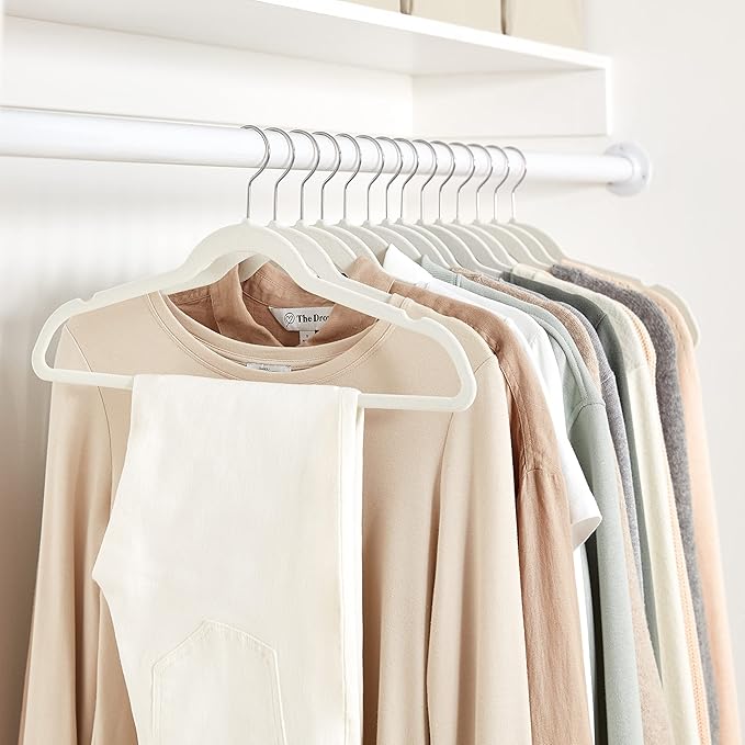Amazon Basics Slim Velvet Non-Slip Space Saving Suit Clothes Hangers with Shoulder Notches for Closet Organization, Ivory/Silver, 50-Pack