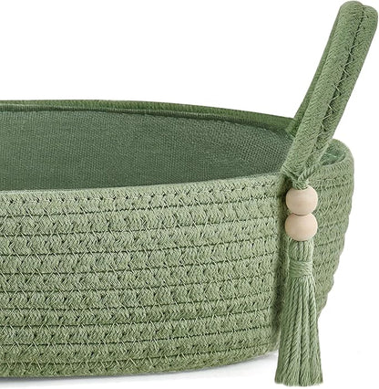 Mkono Small Storage Basket for Toilet Tank Top Boho Bathroom Decor Woven Rope Toilet Paper Tray Organizer for Shelf Bedroom Living Room, Green, 13" L x 6" W