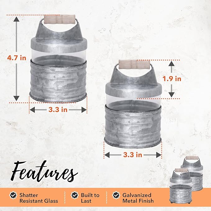 Autumn Alley Galvanized Bathroom Apothecary Jars Set, Farmhouse Bathroom Jars Qtip Holder Glass Dispenser- Rustic Vanity Organizer with Lids for Cotton Balls, Swabs, Rounds, Bath Salts 2-Glass Jars