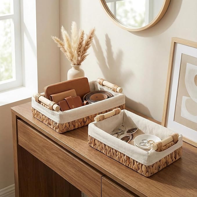 Water Hyacinth Bathroom Baskets for Shelves Set of 2 with Linen Liner & Wooden Handles – Wicker Bathroom Counter Organizer for Vanity, Towels & Toiletries