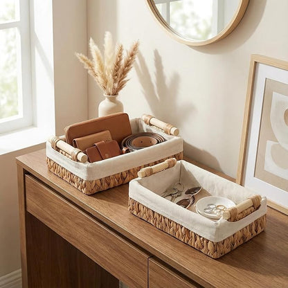 Water Hyacinth Bathroom Baskets for Shelves Set of 2 with Linen Liner & Wooden Handles – Wicker Bathroom Counter Organizer for Vanity, Towels & Toiletries