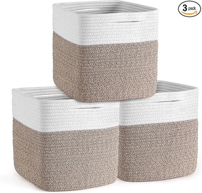 Cube Storage Bins 11 Inch Shelf Cotton Rope Baskets for Organizing, Woven Storage Basket - For Magazines, Living Room, Closet, White+brown 3 Pack