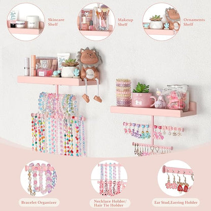 Keebofly Jewelry Organizer Wall Mounted Hanging with Wooden Shelf for Kids, Girls, Teens, Jewelry Holder Storage Display for Earring, Necklace, Bracelet, Bow, Pink, (Patented)