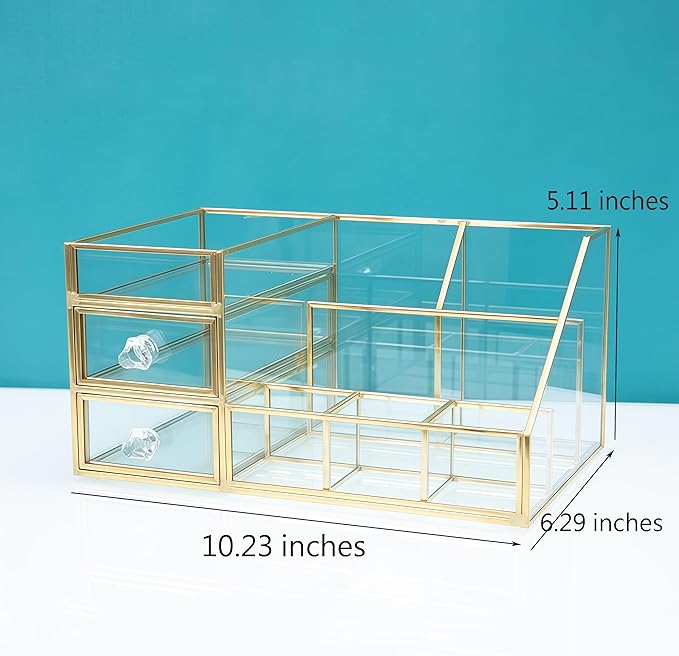 JIARI Glass Makeup Organizer with Drawer, Gold Brass Frame Jewelry Display Box, Nordic Style Cosmetic Storage for Vanity Bathroom Bedroom Office, 10.23x6.29x5.11 Inches (Storage Box-A32)