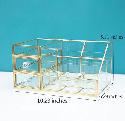 JIARI Glass Makeup Organizer with Drawer, Gold Brass Frame Jewelry Display Box, Nordic Style Cosmetic Storage for Vanity Bathroom Bedroom Office, 10.23x6.29x5.11 Inches (Storage Box-A32)