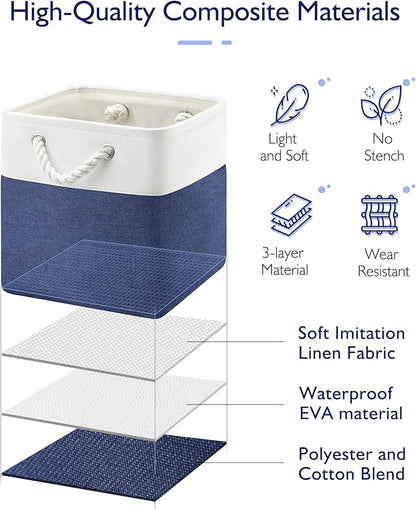 Patvingot 11 Inch Cube Storage Bins, 6 Pack Fabric Storage Cubes with Rope Handles, Organizer Baskets for Closet Shelves, Clothes and Home Organization(White/Blue)