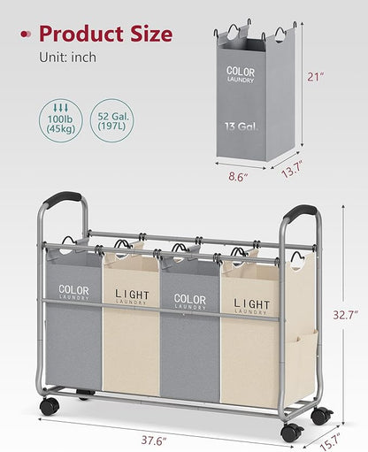 Tajsoon Laundry Sorter 4 Sections, Laundry Separator Hamper with Heavy Duty Lockable Rolling Wheels, Laundry Divider with Removable Bags for Dirty Clothes Storage, Beige & Grey