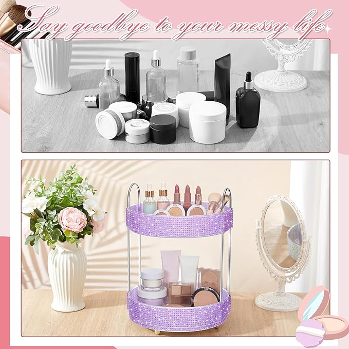Honeydak 360 Rotating Perfume Organizer for Mother Day Nurse Day Rhinestone Bathroom Counter Organizer Makeup Holder Skincare and Perfume Storage for Cosmetic Countertop(2 Tiers,Resin Stone,Purple)