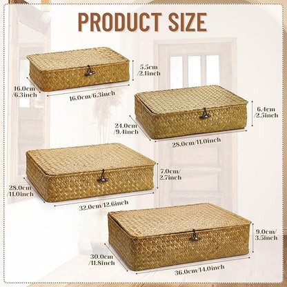Didaey Set of 4 Seagrass Basket with Lid Wicker Storage Basket Decorative Storage Boxes with Lids Flat Storage Bins Woven Organizer Baskets for Shelf Closet Bedroom, 4 Sizes (Yellow)
