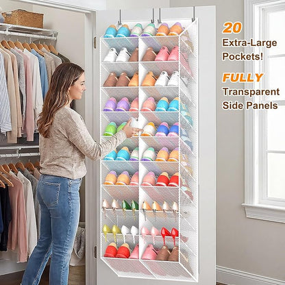 UVIAHOMI 20-30 Pairs Over the Door Shoe Organizer, Breathable Pocket Hanging Shoe Storage for Closet, 10-Tier Door Shoes Rack, Handing Shoes Holder Fit All the Family's Sneakers, Boots, Heels, White