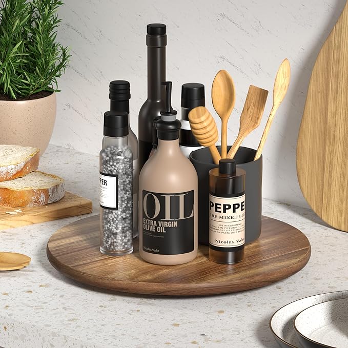 Lazy Susan for Table Top Bamboo Lazy Susan Turntable for Cabinet Kitchen Countertop Organizer for Condiment Bathroom Counter Organizer Decor Sink Tray Acacia Wood 13.2 Inch