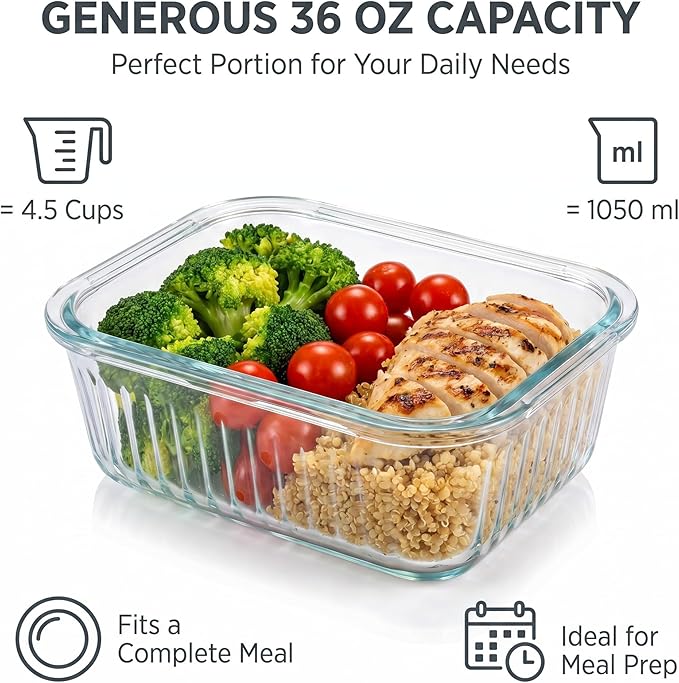 5-Packs, 36 Oz Glass Meal Prep Containers with Snap Locking Lids Glass Food Containers,Airtight Lunch Container,Microwave, Oven, Freezer and Dishwasher
