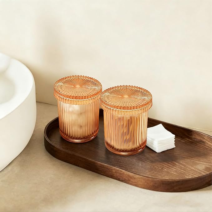 2Pack Vintage Lead-Free Glass Qtip Holder with Dust-Proof Lid, 3.5inch Diameter Storage Canister (Amber)