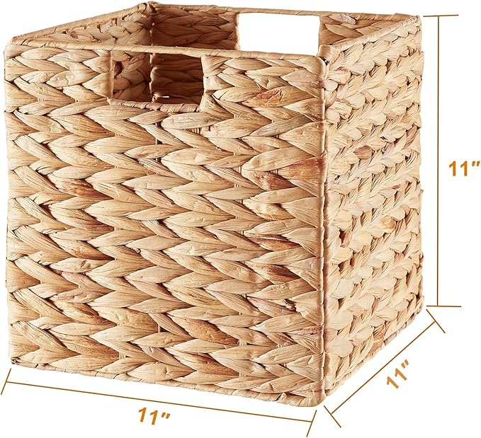 Vagusicc Wicker Storage Basket, Set of 2 Water Hyacinth Storage Baskets for Organizing, 11x11x11 Storage Cube Bins, Wicker Storage Cubes, Natural Foldable Square Baskets for Shelf Laundry Organizer