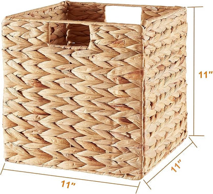Vagusicc Wicker Storage Basket, Set of 2 Water Hyacinth Storage Baskets for Organizing, 11x11x11 Storage Cube Bins, Wicker Storage Cubes, Natural Foldable Square Baskets for Shelf Laundry Organizer
