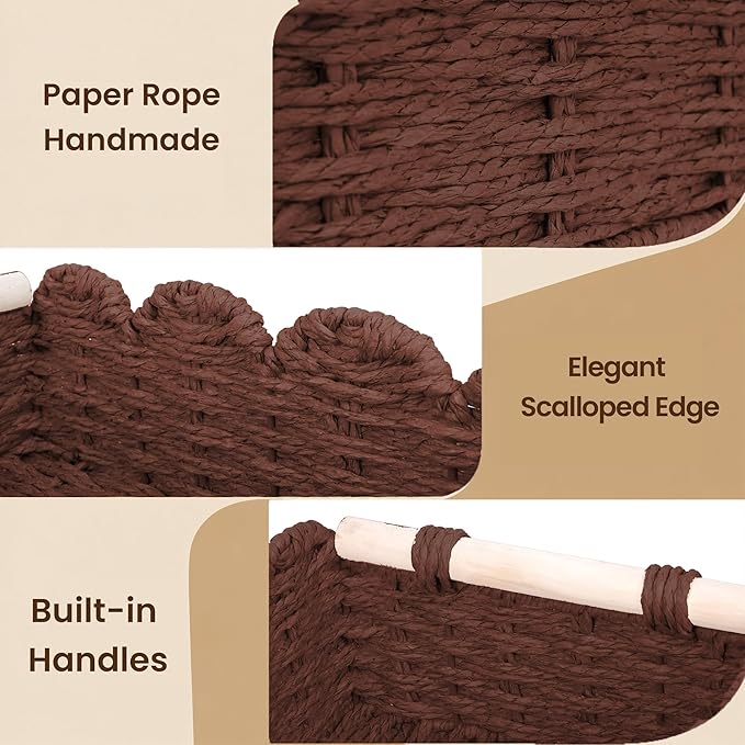 iEGrow Paper Rope Small Storage Baskets for Organizing, Set of 2 Scalloped Edge Wicker Basket with Wooden Handles Toilet Paper Basket for Over Toilet Storage Shelf, Home Decor, Living Room (Brown)