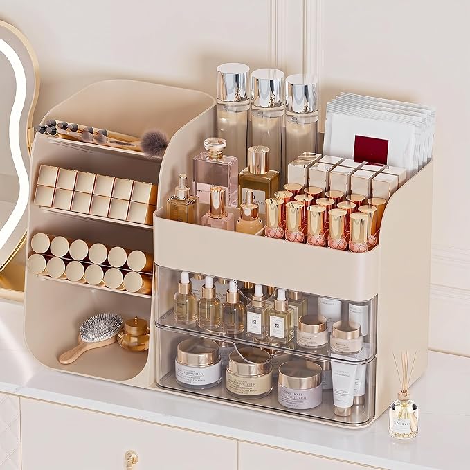 Booklov Makeup Organizer for Vanity, Countertop Cosmetic Display Case with Clear Acrylic Drawers, Bathroom Counter Beauty Caddy, Cute Table Storage Holder for Skincare, Brush Lipsticks, Crystal Creem