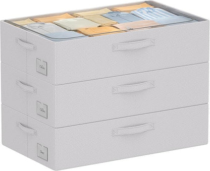 CYhom 3Pcs Under Bed Storage Bins with Metal Frame - Shoe Organizer for Closet with Clear Cover Oxford Fabric Sturdy Underbed Container Foldable Stackable Clothes Organizer (Grey, 23.5x15.7x6.3)