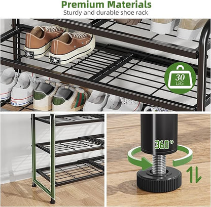 Simple Trending 3-Tier Expandable Shoe Rack, Adjustable & Stackable Shoe Organizer, Heavy Duty Metal Free Standing Shoe Shelf Storage for Closet Entryway Doorway, Black