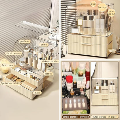 DASITON Cream Dustproof Two layers Storage Box,Makeup Brush Holder,Large Capacity Desktop Storage Box with Drawer,for Beauty Products,Perfume,Jewelry,Nail Polish