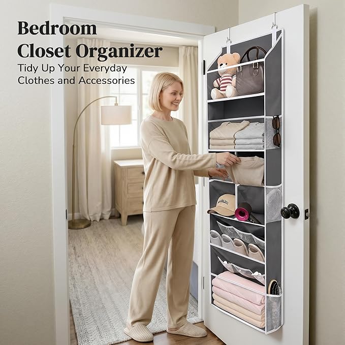 6-in-1 Over Door Hanging Organizer, Versatile Storage Over Door Organizer with 12 Mesh Pockets, 44 lbs Weight Capacity Hanging Storage Organizer for Bedroom, Bathroom,Behind Door,Deep Gray