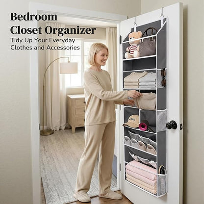 6-in-1 Over Door Hanging Organizer, Versatile Storage Over Door Organizer with 12 Mesh Pockets, 44 lbs Weight Capacity Hanging Storage Organizer for Bedroom, Bathroom,Behind Door,Deep Gray