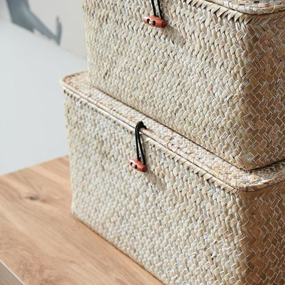4 Pack, Wicker Baskets with Lids, Nautral Seagrass Storage Baskets, Woven Rectangular Basket Bins, Rattan Storage Organizer for Shelf (Whitewashed, Set of 4)