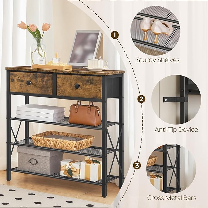 YATINEY 4 Tier Shoe Rack, Large Capacity Shoe Storage Organizer, Metal Shoe Shelf with Drawer and Wooden Top, for 16 Pairs of Shoes, for Entryway, Closet, Rustic Brown and Black SS24BR