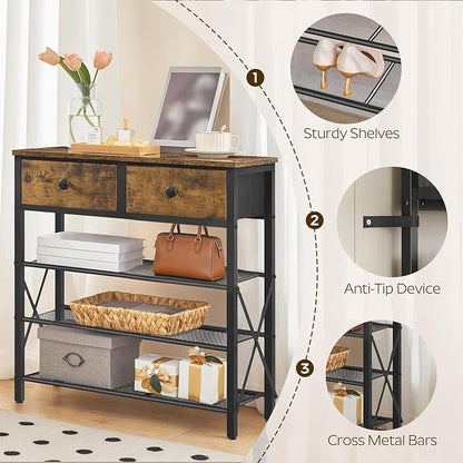 YATINEY 4 Tier Shoe Rack, Large Capacity Shoe Storage Organizer, Metal Shoe Shelf with Drawer and Wooden Top, for 16 Pairs of Shoes, for Entryway, Closet, Rustic Brown and Black SS24BR