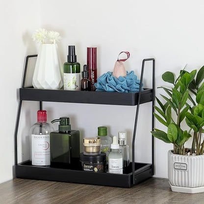 Acacia Bathroom Organizer Countertop 13.6 x 14 x 6.7 inches, 2-Tier Wood Counter Standing Rack, Countertop Storage Shelf for Organizing Bathroom Kitchen Office Desk Vanity Cosmetic Balcony (Black)