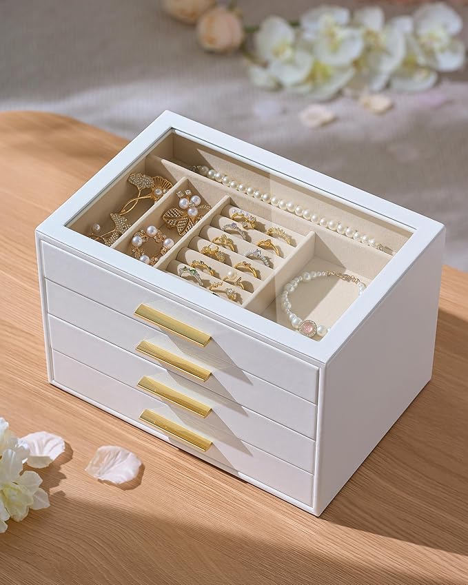 pickpiff Jewelry Box Organizer Case for Women: 4-Layer Jewelry Storage Case with Glass Window, Pure White Leather with Velvet Holder for Ring Necklace Bracelet Brooch Watch, Great Gift for Her