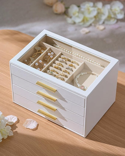 pickpiff Jewelry Box Organizer Case for Women: 4-Layer Jewelry Storage Case with Glass Window, Pure White Leather with Velvet Holder for Ring Necklace Bracelet Brooch Watch, Great Gift for Her