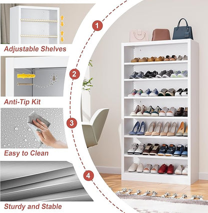 Tall Shoe Cabinet, 7 Tiers 30-35 Pairs Heavy Duty Metal Freestanding Shoe Rack, Vertical Shoe Storage Organizer with Adjustable Shelves, Shoe Shelf for Entryway, Bedroom (White, 55" H)
