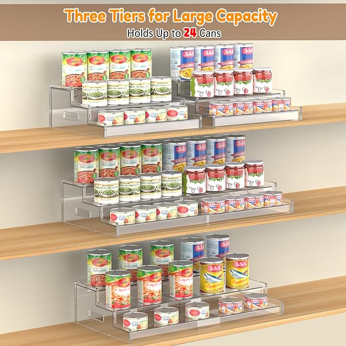 Yecuip Expandable Can Rack Organizer for Pantry, 3-Tier Adjustable Can Storage Holder, Holds Up to 24 Cans, Acrylic Canned Food Organizer for Cabinet, Countertop, Kitchen