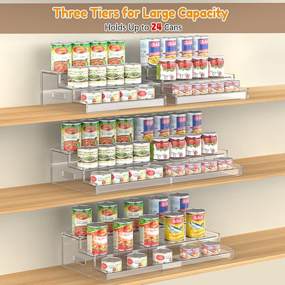 Yecuip Expandable Can Rack Organizer for Pantry, 3-Tier Adjustable Can Storage Holder, Holds Up to 24 Cans, Acrylic Canned Food Organizer for Cabinet, Countertop, Kitchen