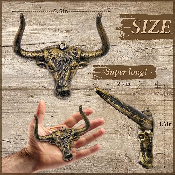 Cowboy Hat Rack for Wall 4 Pack Modern Metal Cowboy Hat Holder Cast Iron Hat Hanger Western Longhorn Hooks Storage and Display at Closet Bedroom Living Room Antique Gold Men's Gift