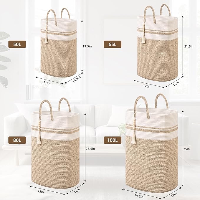 Woven Laundry Basket for Clothes, 100 L Large Rectangle Laundry Hampers, Nursery Storage Basket for Toys, Tall Dirty Clothes Hamper for Bedroom Aesthetic, Bathroom, Laundry Room