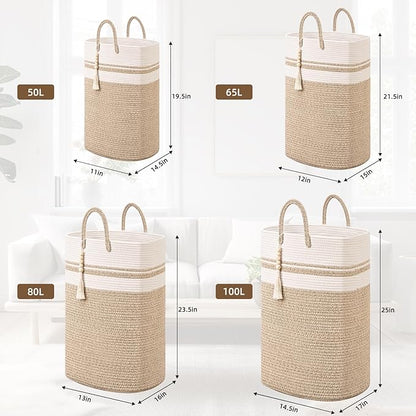 Woven Laundry Basket for Clothes, 100 L Large Rectangle Laundry Hampers, Nursery Storage Basket for Toys, Tall Dirty Clothes Hamper for Bedroom Aesthetic, Bathroom, Laundry Room
