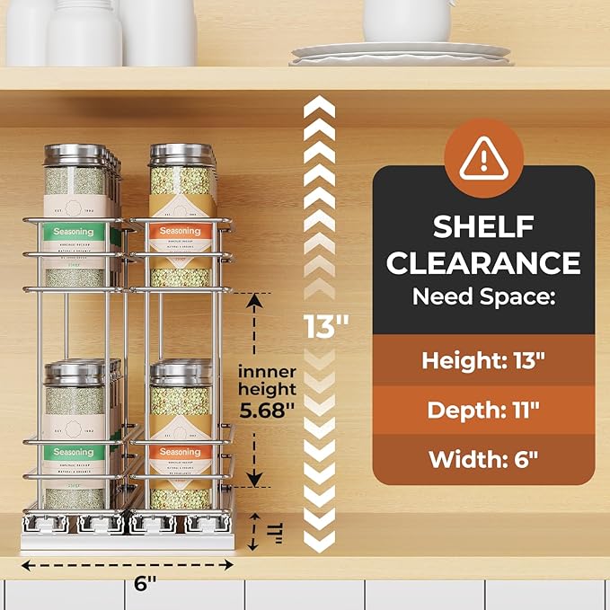 Mystozer Pull Out Spice Rack Organizer for Cabinet, Slide Out Spice Racks, Easy to Install Spice Cabinet Organizers, 5.28" Wx10.43 Dx8.26 H, 2 Drawers 2 Tiers(Silver)