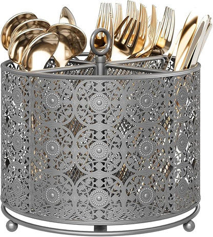 YIUKEA Rotating Utensil Caddy Countertop - Higher Raised Cutlery Caddy Holder - Metal Silverware Caddy Organizer with 4 Compartment for Kitchen Counter Party Office Silver