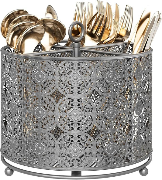 YIUKEA Rotating Utensil Caddy Countertop - Higher Raised Cutlery Caddy Holder - Metal Silverware Caddy Organizer with 4 Compartment for Kitchen Counter Party Office Silver