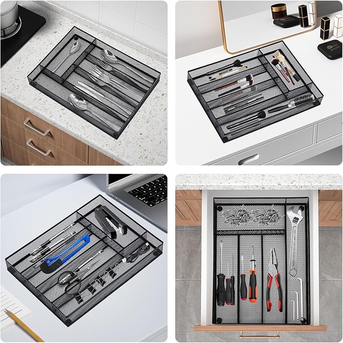 Neudeco Silverware Drawer Organizer - 5 Compartment Cutlery Tray with Non-Slip Feet, Mesh Wire Flatware Storage Divider for Kitchen, Bedroom, Living Room (Black)