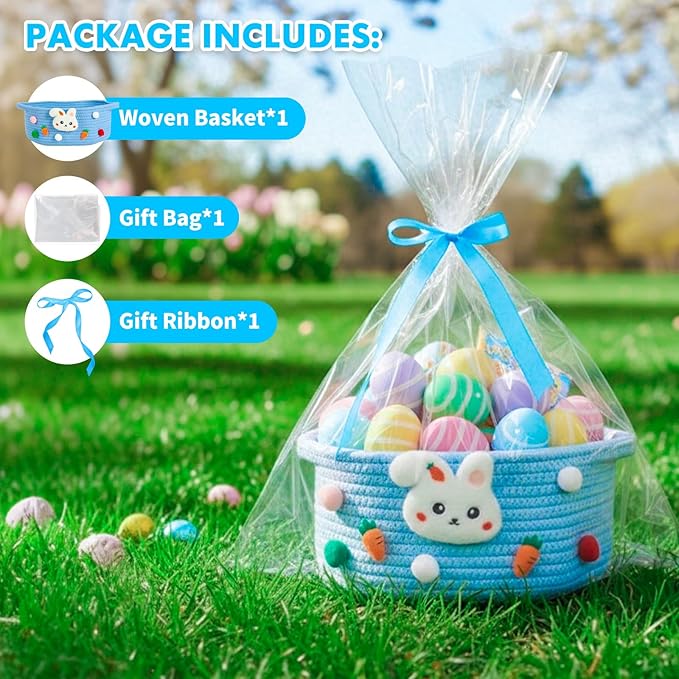 ShellKingdom Empty Gift Basket with Gift Bags and Ribbon, Birthday Basket for Boys Girls, Storage Woven Basket with Handles for Home Organizer, 12 X 8 X 5 INCH, Easter Blue