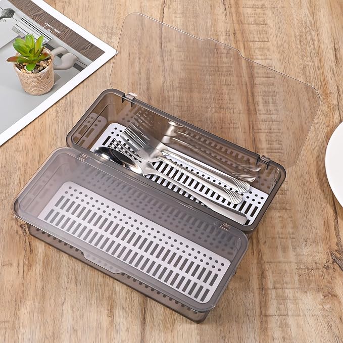 3Pcs Flatware Tray with Lid and Drainer Silverware Tray Kitchen Dinnerware Holder Box Utensil Storage Container Drawer Organizer for Home and Travel