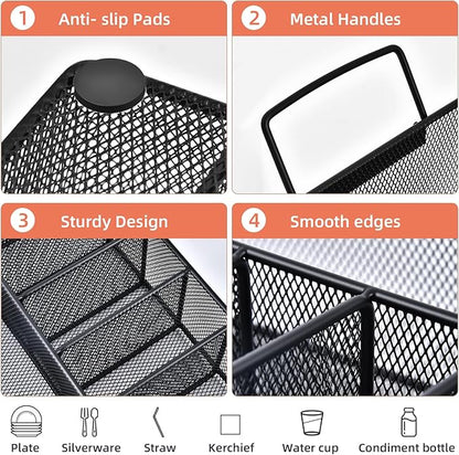 Silverware Organizer with Handle - Metal Utensil Caddy for Kitchen Counter, 7 Compartment for Plate, Cup, Napkin, Paper Plate Dispenser for Party, Picnic