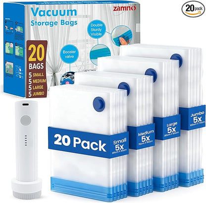 20 Pack Vacuum Storage Bags for Clothing Travel – Compressed Vacuum Seal Bags with Rechargeable Air Pump – Carry-on Size Small, Medium & Large Space Saver Storage Bag for Suitcase and Luggage