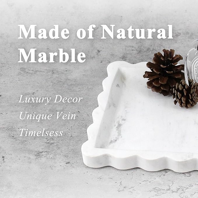 Square Marble Vanity Tray with Scalloped Edge - Natural Marble Perfume Tray Decor for Dresser, Vanity, Kitchen, Home Decor, Decorative Square Stone Tray - White 8 * 8 inch
