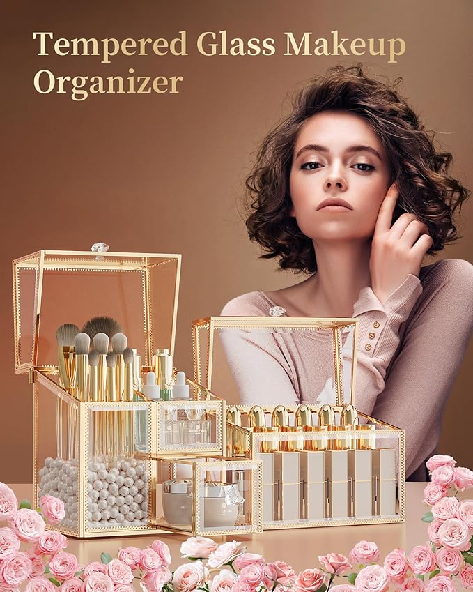 CoralHouse Makeup Brush Organizer – Vanity Organizer with 18-Slot Lipstick Organizer & Makeup Brush Holder with Lid – Skincare, Perfume & Cosmetic Storage for Bathroom or Dresser