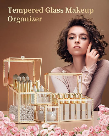 CoralHouse Makeup Brush Organizer – Vanity Organizer with 18-Slot Lipstick Organizer & Makeup Brush Holder with Lid – Skincare, Perfume & Cosmetic Storage for Bathroom or Dresser